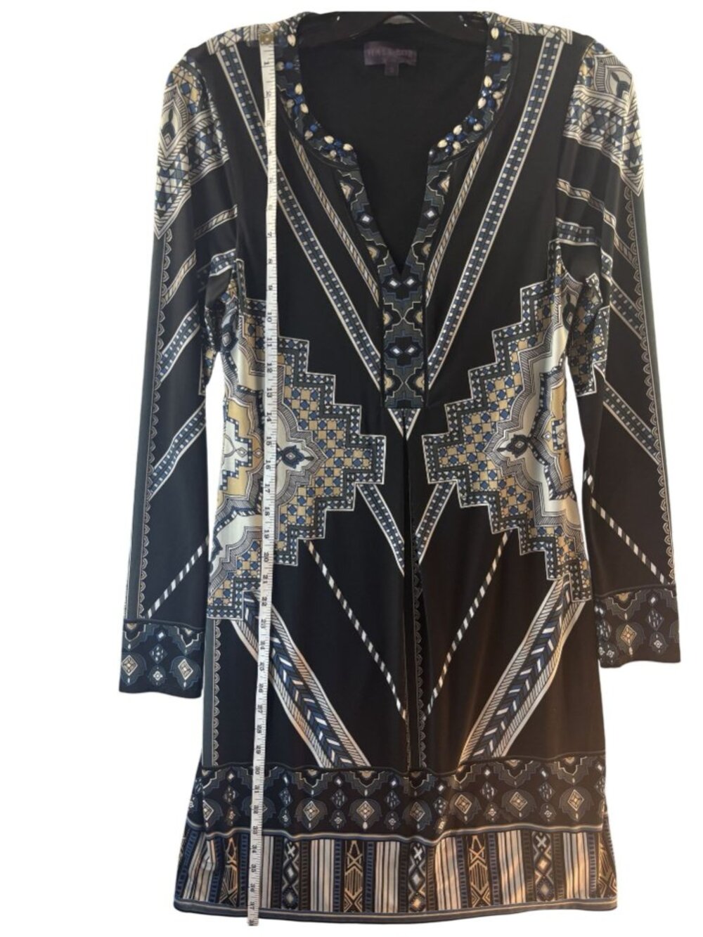 Hale Bob S Beaded Geometric Print Long Sleeve V-Neck Black Tunic Dress - Picture 4 of 6